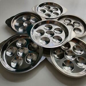 Vintage Escargot Snail Plate Lot Of 6 Stainless Steel MCM 1950s Tray Japan Metal